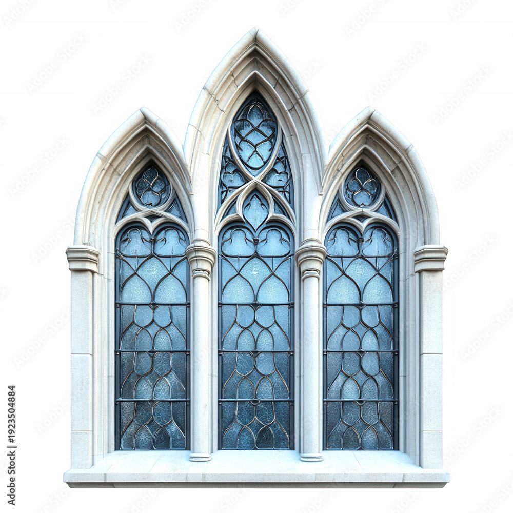 Fototapeta premium An intricate gothic church window features three arched sections with detailed stone tracery and textured glass