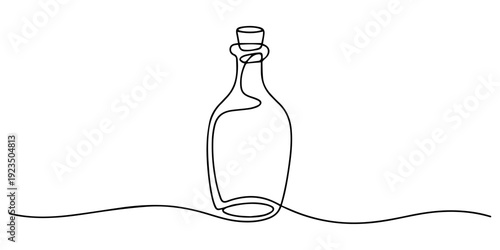 glass bottle with cork stopper continuous one line drawing, Continuous single line drawing depicting a glass bottle with a stopper resting on a gentle wavy line, ideal for concepts related to beverage