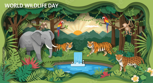 A vibrant illustration of various animals gathered around a serene pond on World Wildlife Day in a lush forest with a stunning sunset background
