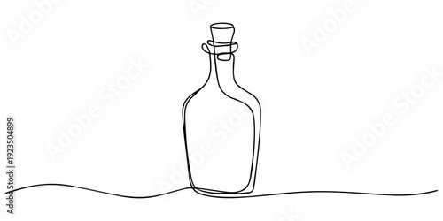 glass bottle with cork stopper continuous one line drawing, Continuous single line drawing depicting a glass bottle with a stopper resting on a gentle wavy line, ideal for concepts related to beverage