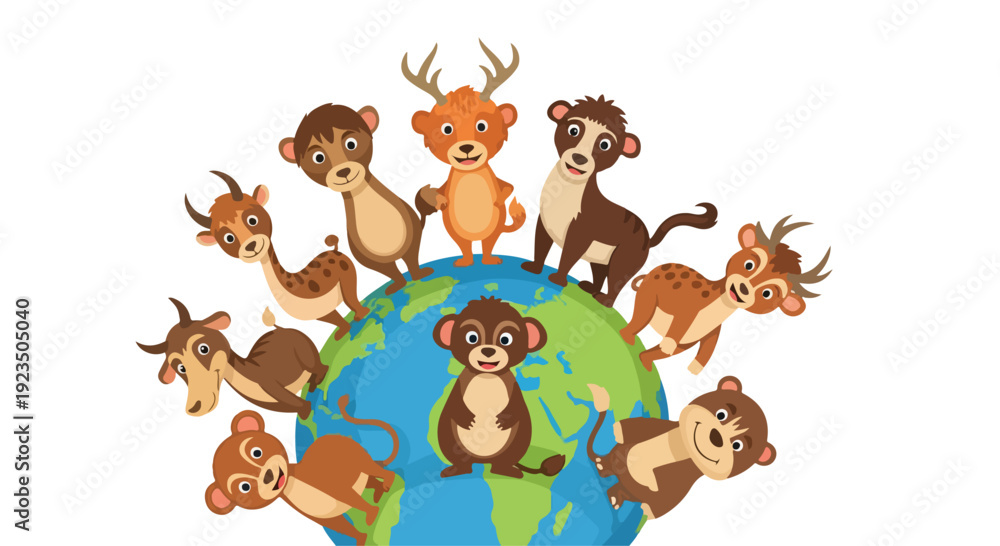 Fototapeta premium Colorful illustration of diverse animals gathered around the Earth for World Wildlife Day