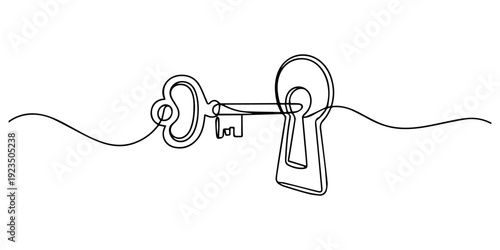 key in lock continuous one line drawing, Minimalist continuous line art showing a key inserted into a lock, symbolizing problem solving, opening new doors, and security for modern business visuals pro