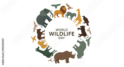 A circular arrangement of various animal silhouettes surrounds the text 'World Wildlife Day' on a white background with earthy tones conveying a natural and conservationist mood