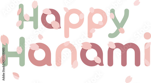 Happy Hanami Greeting with Falling Pink Cherry Blossom Petals on White Background