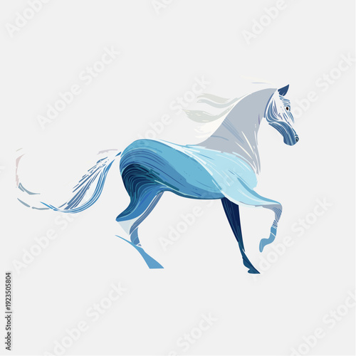 Majestic white horse with flowing blue mane and tail, embodying grace and power