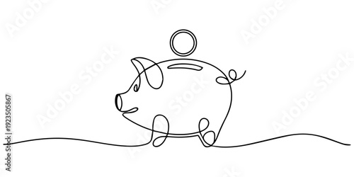 Piggy bank with coins continuous one line drawing. Saving money concept. Investment symbol, Piggy bank with falling euro coin continuous one line drawing. Saving money concept. Investment symbol. pro.