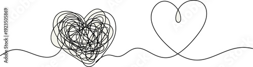 A simple line drawing of a heart emerging from a tangled mess of lines, symbolizing love and order.
