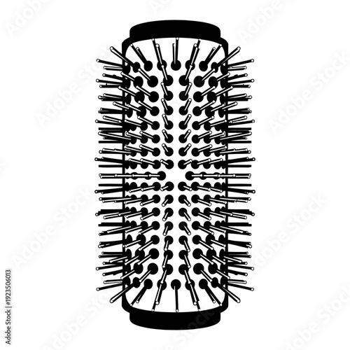 Round hairbrush icon for hair styling and beauty care in black and white line art illustration