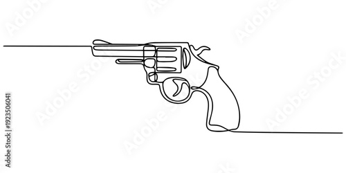 Revolver vector illustration continuous one line drawing,  Pistol linear icon. One line drawing background. Vector illustration. Pistol continuous line icon, guns in vintage etched engraved style. pro