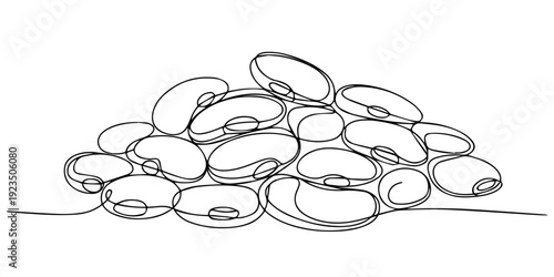 Pile of pinto beans continuous one line drawing, A simple black and white line drawing of a pile of beans, perfect for a coloring page, food packaging, or illustrating legumes and healthy protein. pro