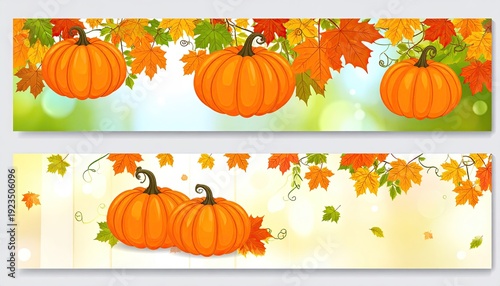Pumpkins, maple leaves, autumn banners, bright, colorful art