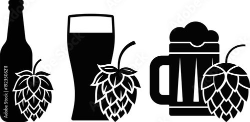 Brewery Hops, Glass, Mug, and Bottle Silhouette