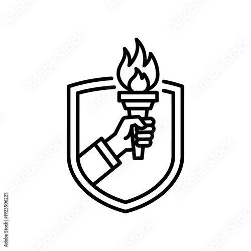 Bold vector illustration of a hand gripping a flaming torch inside a shield emblem, symbolizing security, protection, and resilience with clean lines and high contrast.