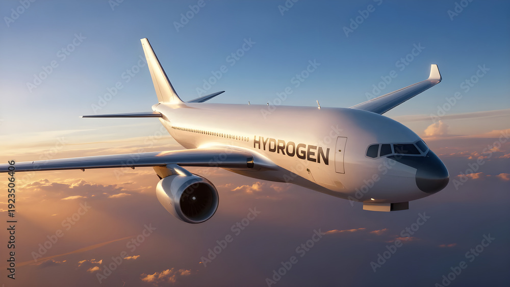 Obraz premium A white passenger airplane labeled hydrogen soars through the sky during a vibrant sunset showcasing future aviation concept