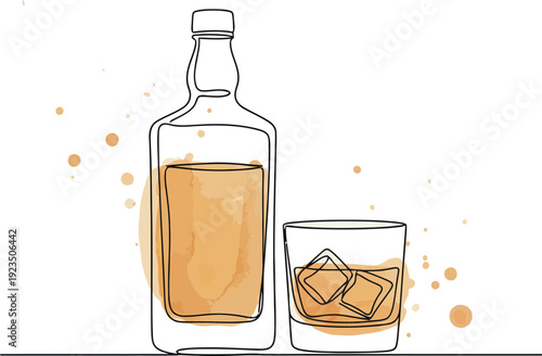 Tequila bottle and shot glass with gold liquid mock up, mexican alcohol drink flask with cork isolated on white background, design elements for advertising. Realistic 3d vector illustration, clip art 