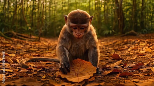 Adorable baby monkey sitting on a forest floor covered with autumn leaves.