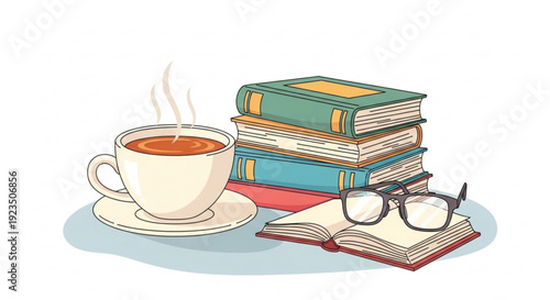 Steaming cup of coffee with books and glasses on a table reading and relaxation concept