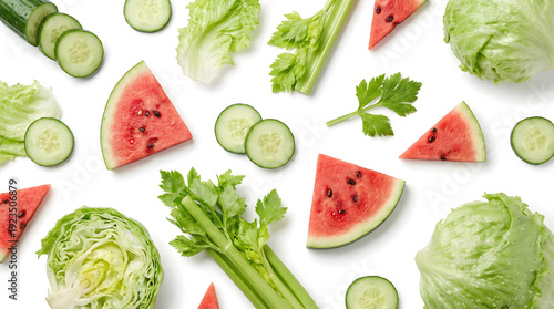 Fresh green vegetables and red watermelon slices on white background, top view flat lay