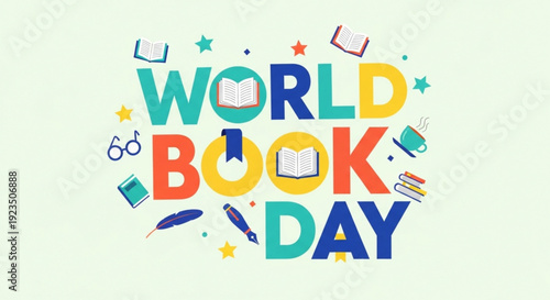 Vibrant world book day celebration with colorful typography and educational icons