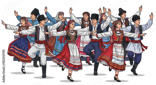Group of people in traditional folk dance costumes performing lively dance moves with colorful outfits and accessories on white background