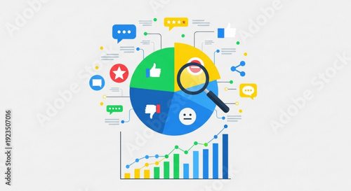 Infographic illustrating social media analytics with pie chart and bar graph featuring various emoticons and icons for likes comments and engagement metrics on a white background