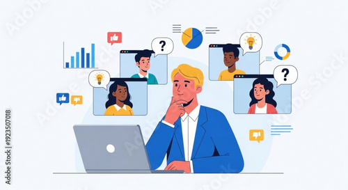Businessman in blue suit video conferencing with colleagues online thinking with hand on chin surrounded by graphs and charts on laptop screen remote team communication concept