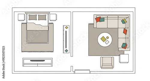 Room layout with furniture arrangement, including bed, sofa, and table, in a top-down view.
