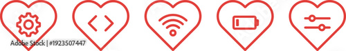 Love and relationship icons border in red outline, heart, wifi, chat and connection symbols seamless horizontal divider for Valentine design
