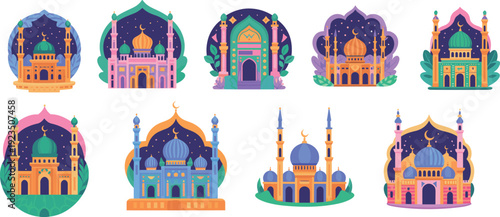 Colorful flat vector illustration set of Islamic mosque icons with crescent moons and starry night backgrounds for Ramadan Kareem and Eid Mubarak celebrations