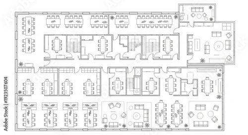 Architectural blueprint of a building with various rooms and layouts, detailed floor plan.