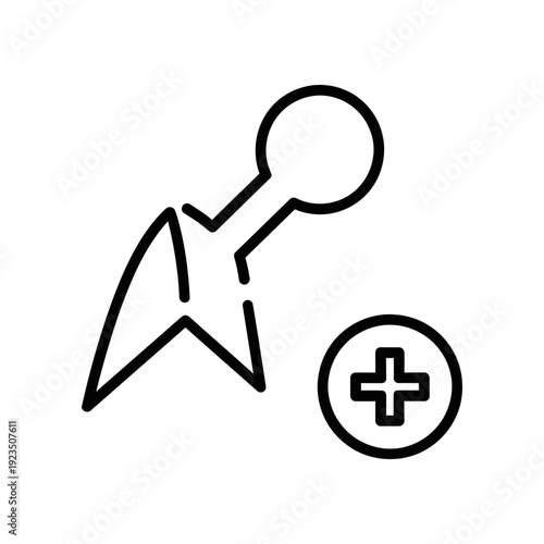 Minimalist black line art of a magnifying glass and plus symbol on a clean white background, ideal for healthcare, search, and business designs.