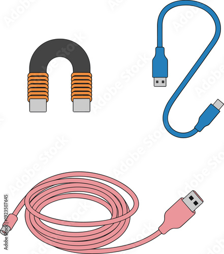 Electromagnet with copper wire coils alongside blue USB cable and pink coiled USB-C charging cable, modern electronics technology concept for science and connectivity