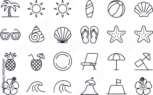 Beach essentials and accessories icons pack
