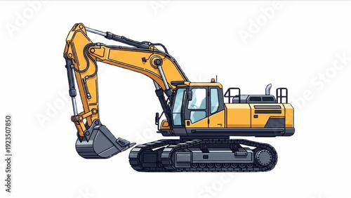 Detailed vehicle autocad blueprint of a heavy excavator machine in a construction site illustration