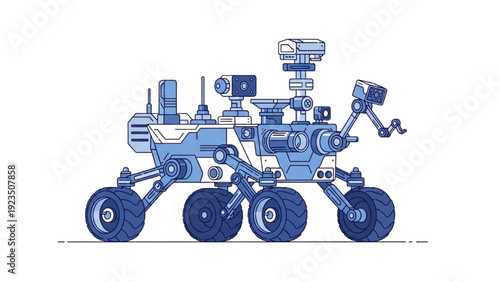Detailed vehicle autocad blueprint of a robotic rover on a plain surface from a side viewpoint