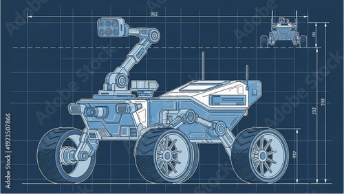 Detailed vehicle autocad blueprint technical drawing of a robotic vehicle design on a grid background from a side viewpoint