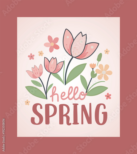 Hello spring floral illustration with blooming flowers