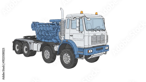Detailed vehicle autocad blueprint illustration of a large truck on a plain white background from a front angle view