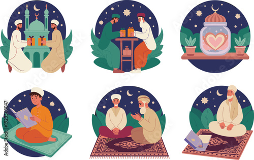 Illustrated Islamic culture scenes with Ramadan and Eid celebration, Quran reading, prayer, gift exchange, spirituality, community, and crescent moon night sky background
