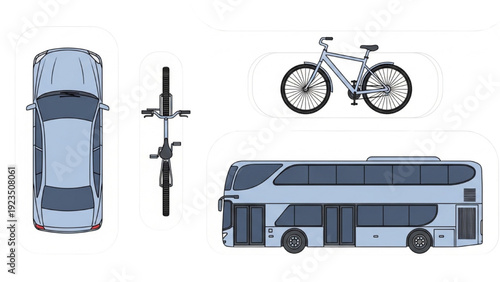 Detailed vehicle autocad blueprint of a car, bus, bicycle, and scooter in a technical drawing style from multiple viewpoints