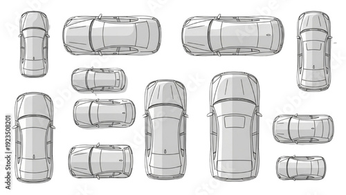 Collection of vehicle autocad blueprint designs from various viewpoints showcasing different models and sizes