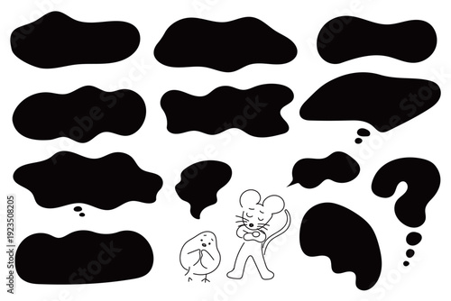 悩めるネズミと鳥と黒いもやもや吹き出しのセット