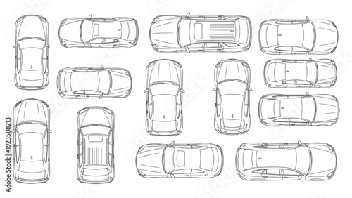 Collection of vehicle autocad blueprint designs viewed from above featuring various cars