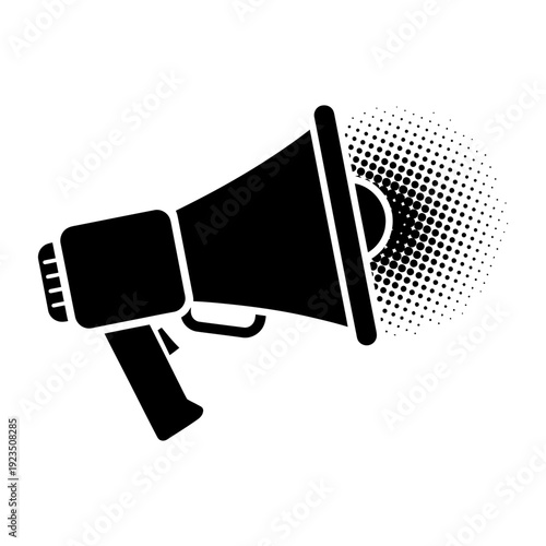 Megaphone icon with halftone sound waves emitting from the speaker, black silhouette graphic for marketing and communication.