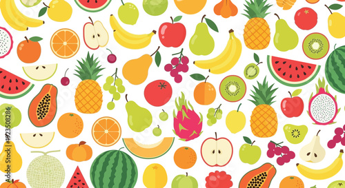 Assortment of brightly colored tropical and common fruits pattern seamlessly repeating on white background