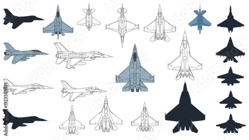 Detailed vehicle autocad blueprint of multiple fighter jets in various designs and silhouettes