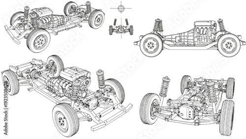 Detailed vehicle autocad blueprint technical drawings showcasing various car chassis components and assembly views from multiple angles
