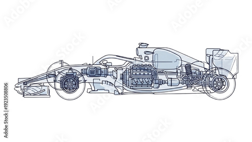 Detailed vehicle autocad blueprint of a racing car from a side viewpoint showcasing its technical design