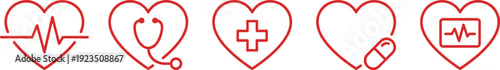 Medical heart and health icons border in red outline, heartbeat, cross and care symbols seamless divider for healthcare design and Valentine themes