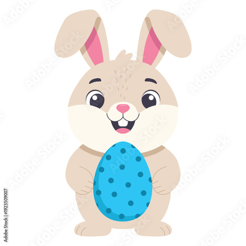 Cute standing rabbit with a big dotted Easter egg in his hands, full length. Flat color vector illustration isolated on a white background
